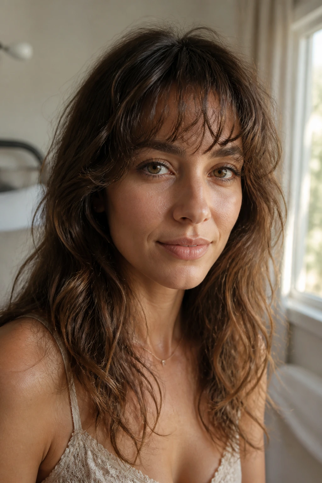 Close-up of a real woman with a diffused fringe that holds up in humidity.