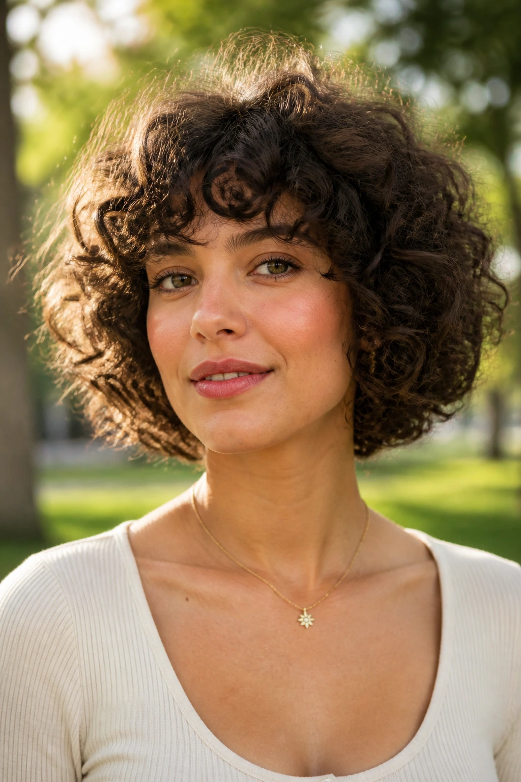 Close-up of a real woman with a diffused halo bob and voluminous curls around the head