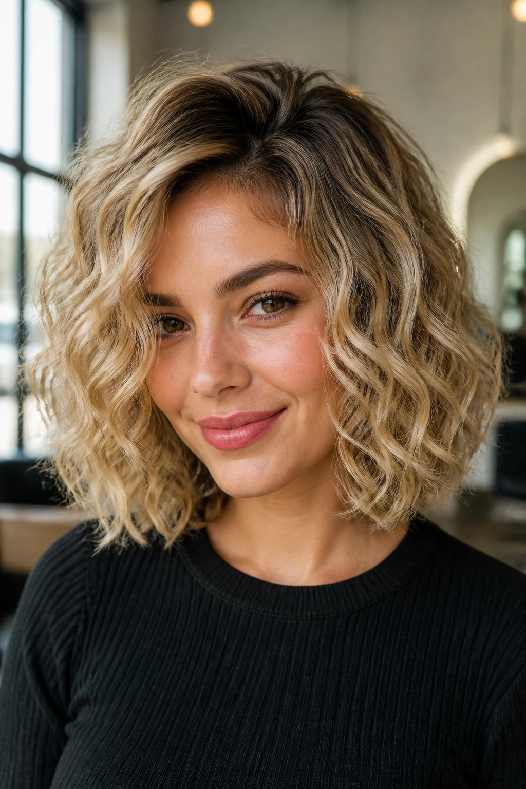 Close-up of a real woman with Polished Diffused Lob Neutral Blonde showing lifted roots and soft diffusion.