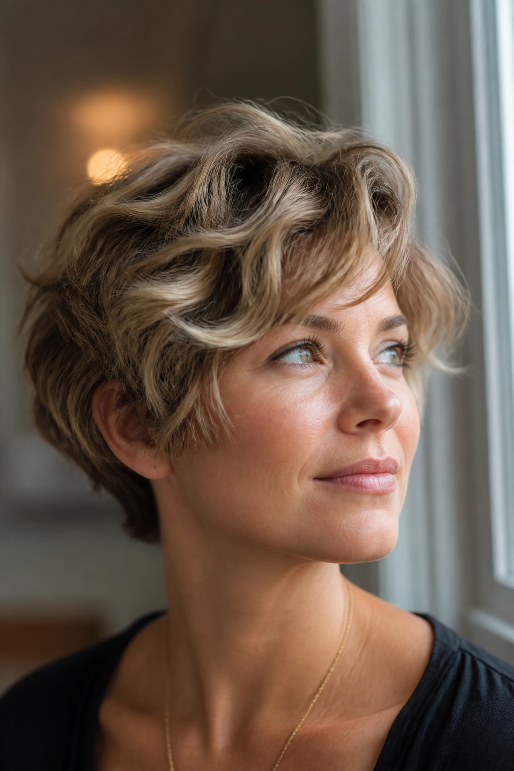 Portrait of a woman with diffused waves on a pixie-bob hairstyle