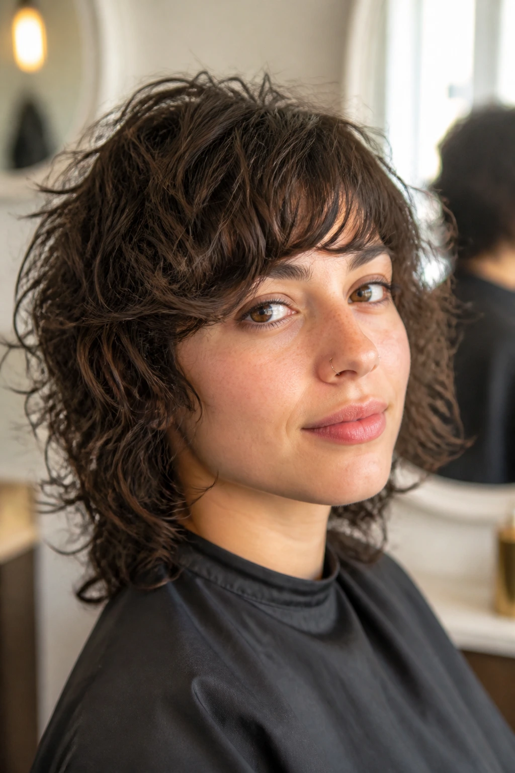 Real person with diffused curly shag and side-swept bangs.