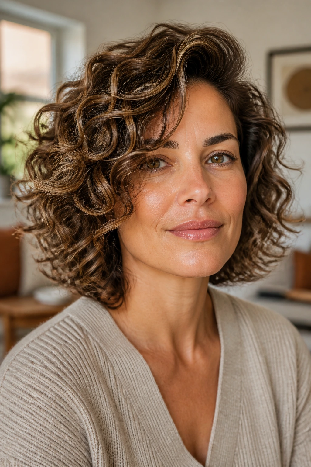 Close-up of a real woman with a diffused side-flip layered cut