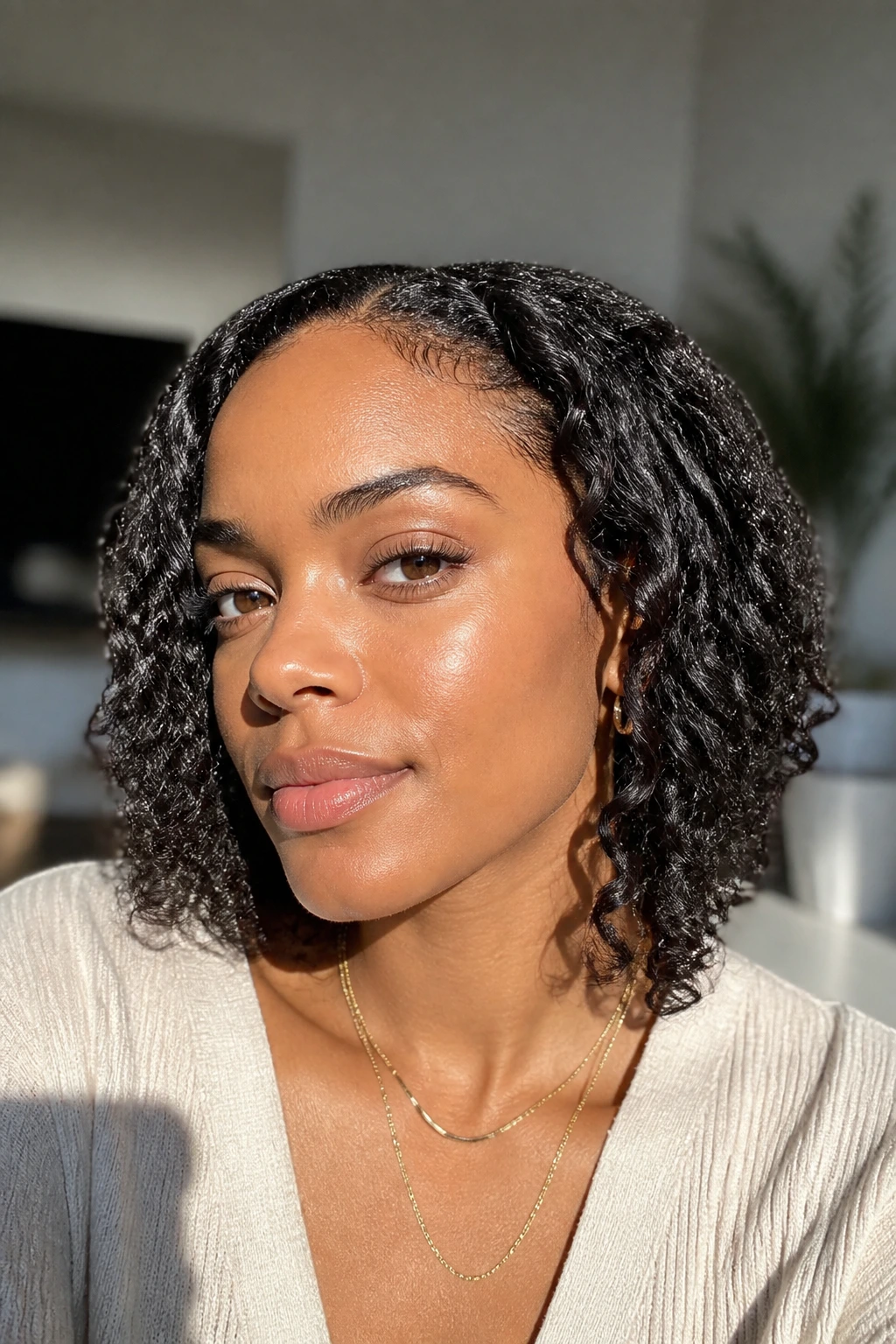 Close-up of a person with diffused twist-out waves and soft S-bends