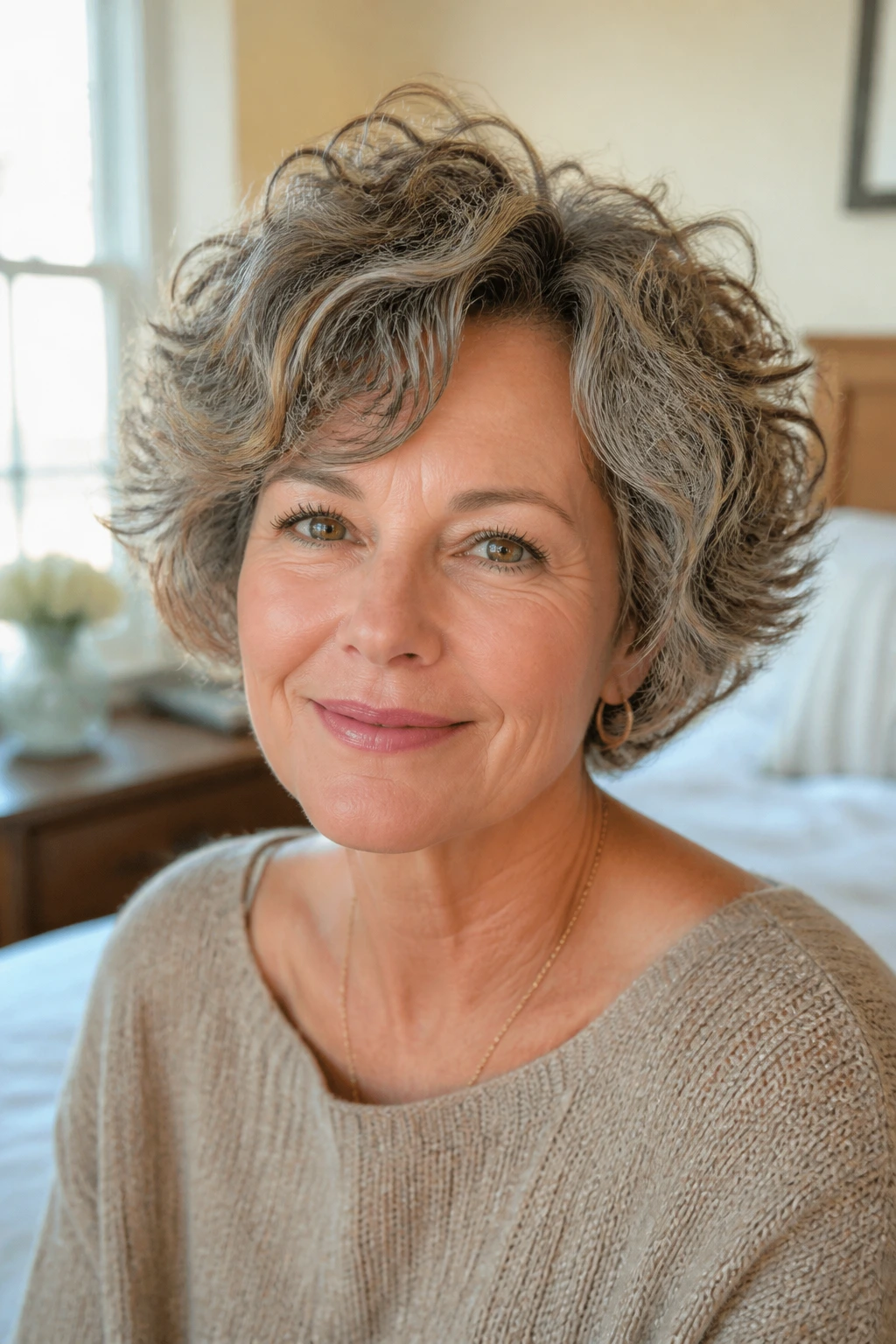 Close-up of a woman with a diffused volume bob in sunlit bedroom