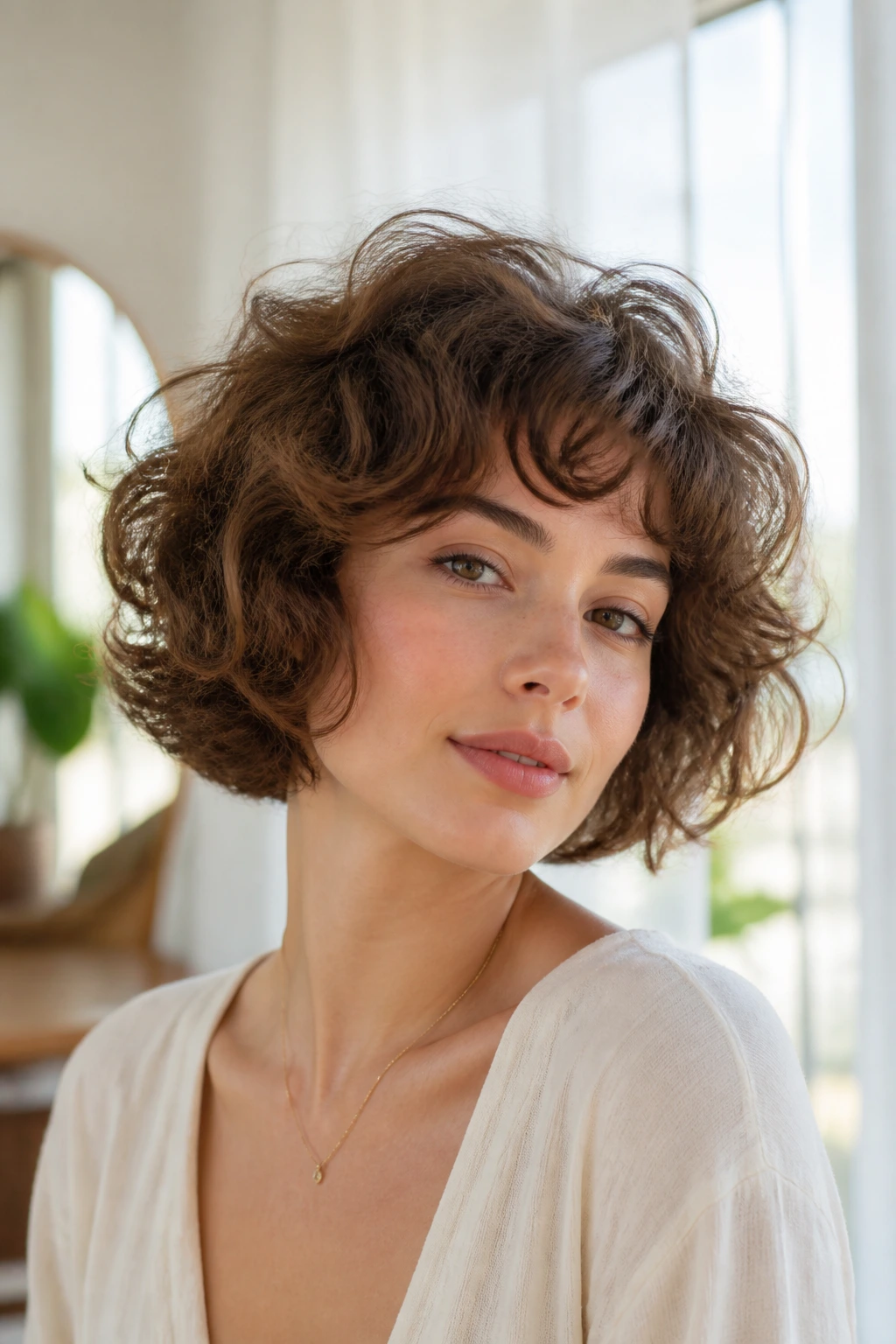 Close-up of a real woman with diffused volume at the crown of a French bob.