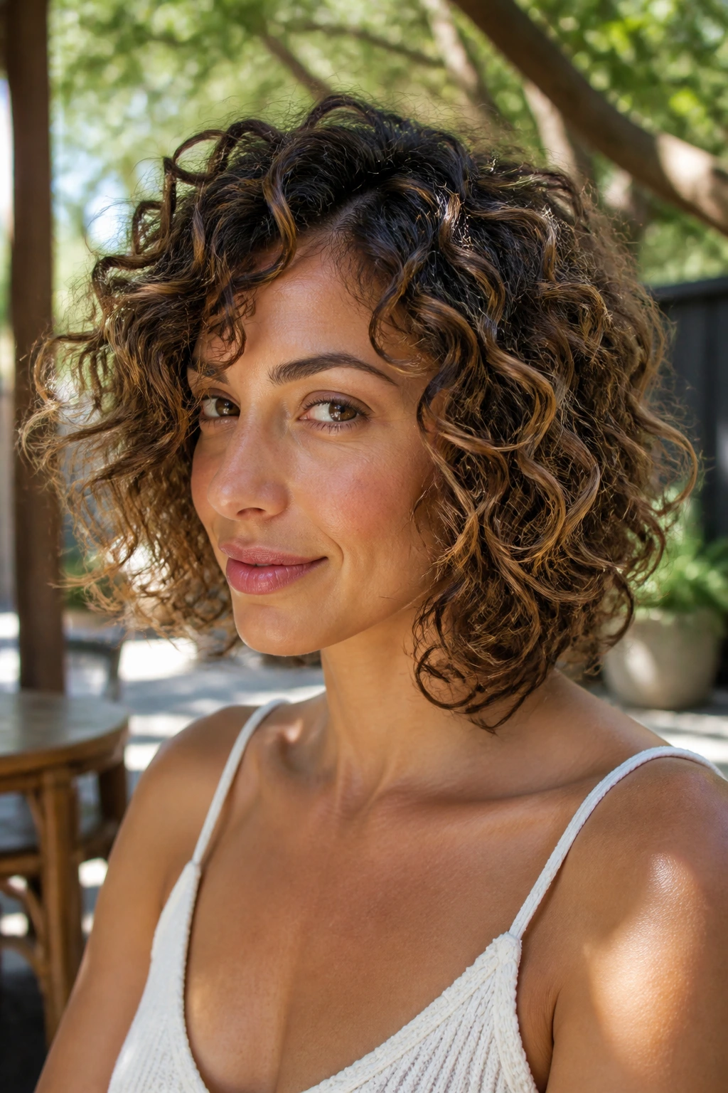 Close-up of a real woman with Diffused Volume Lob showing lifted roots and defined curls
