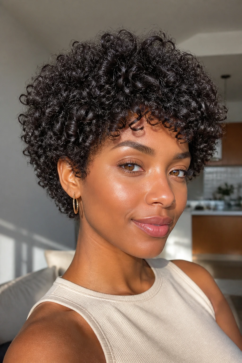 Close-up portrait of a real woman with a diffused wash-and-go crop and rounded silhouette.