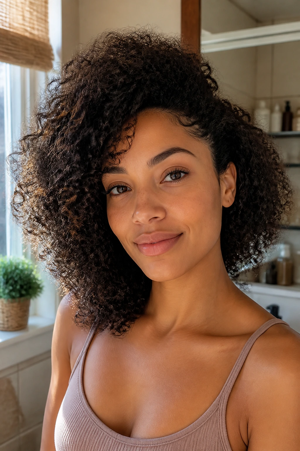Close-up of a real woman with diffused wash-and-go and side volume in a sunlit room