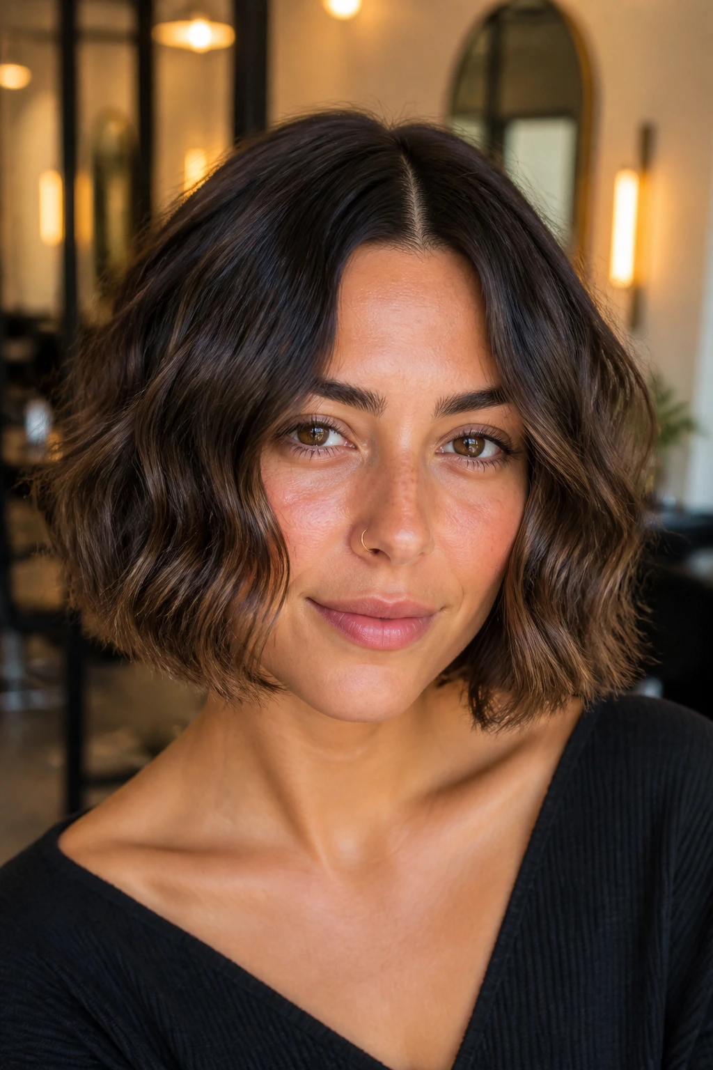 Close-up of a real woman with diffused waves in a chin-length bob in a softly lit salon