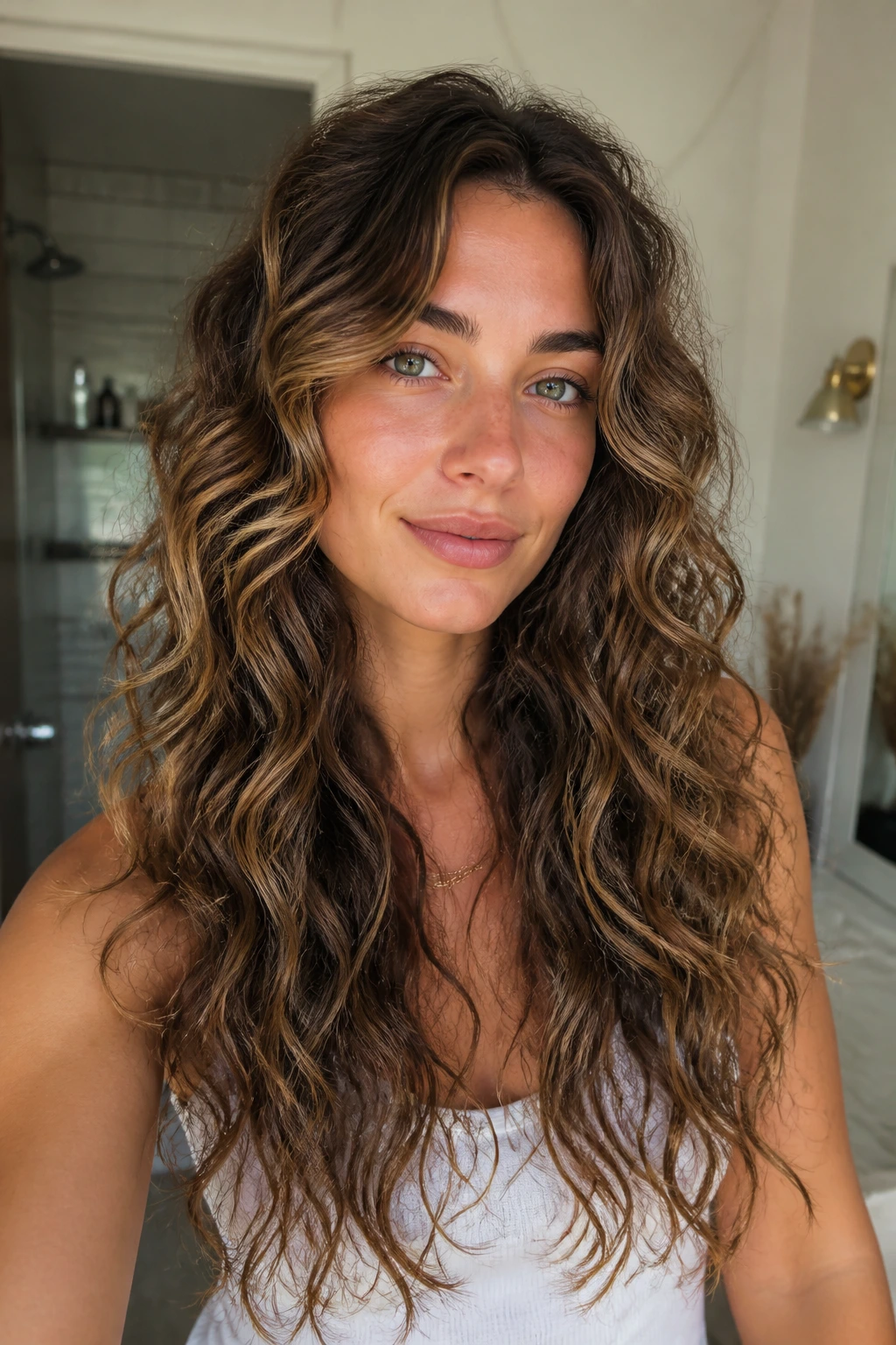 Close-up of a real woman with diffused wave-curl hybrid hairstyle.