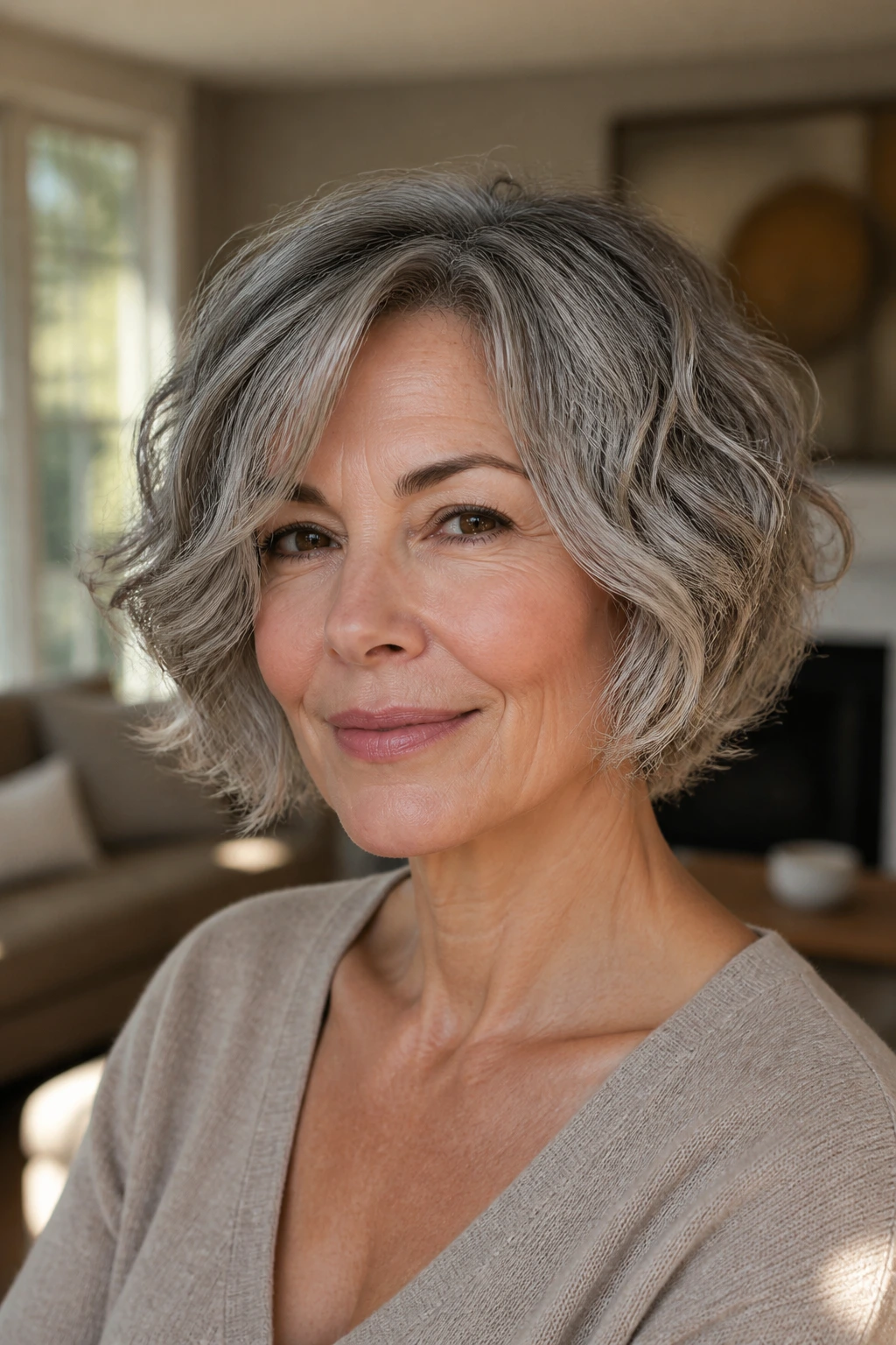 Real woman with diffused wavy bob in natural light