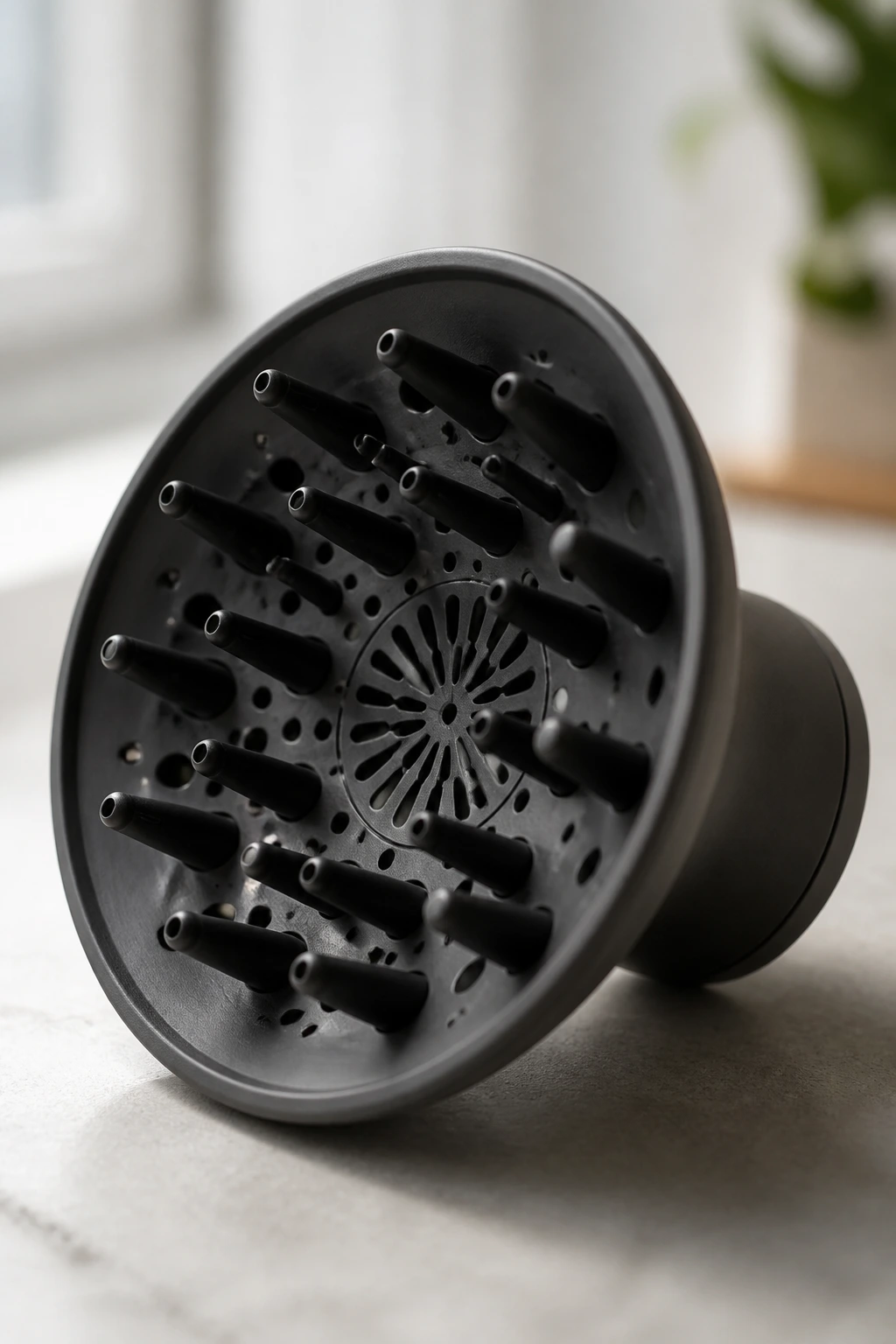 Close-up of a diffuser attachment for curly hair on a clean surface