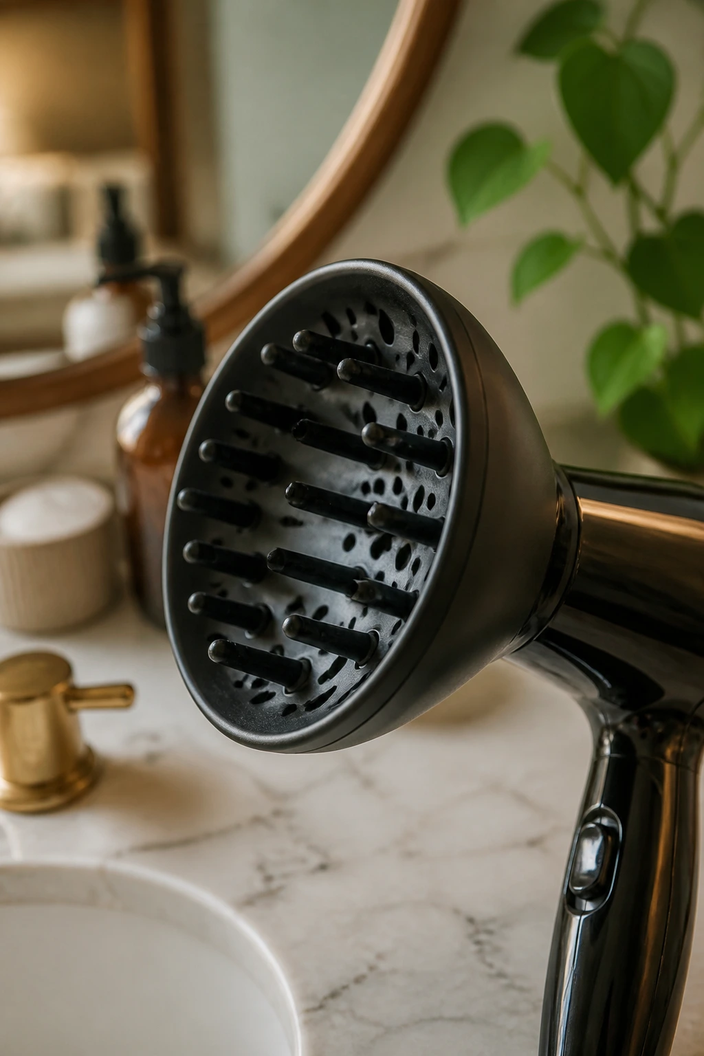 Close-up of a diffuser attachment on a hair dryer, representing essential salon tools for curly hair.