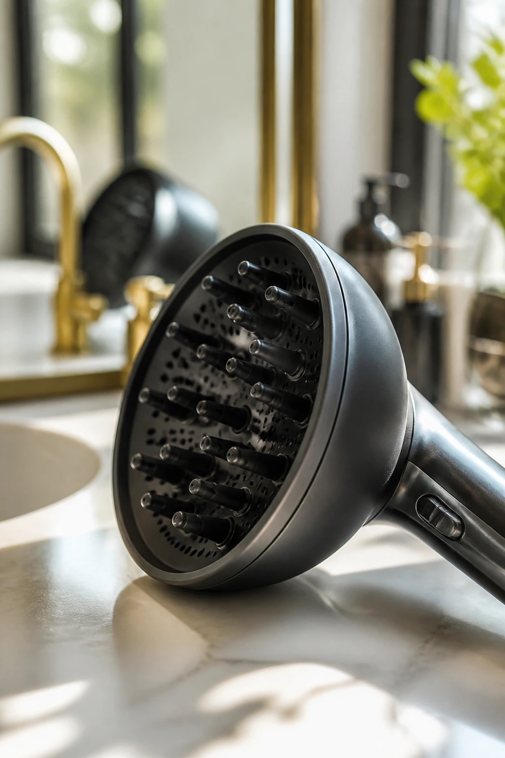 Close-up diffuser attachment on a hair dryer in a bathroom vanity