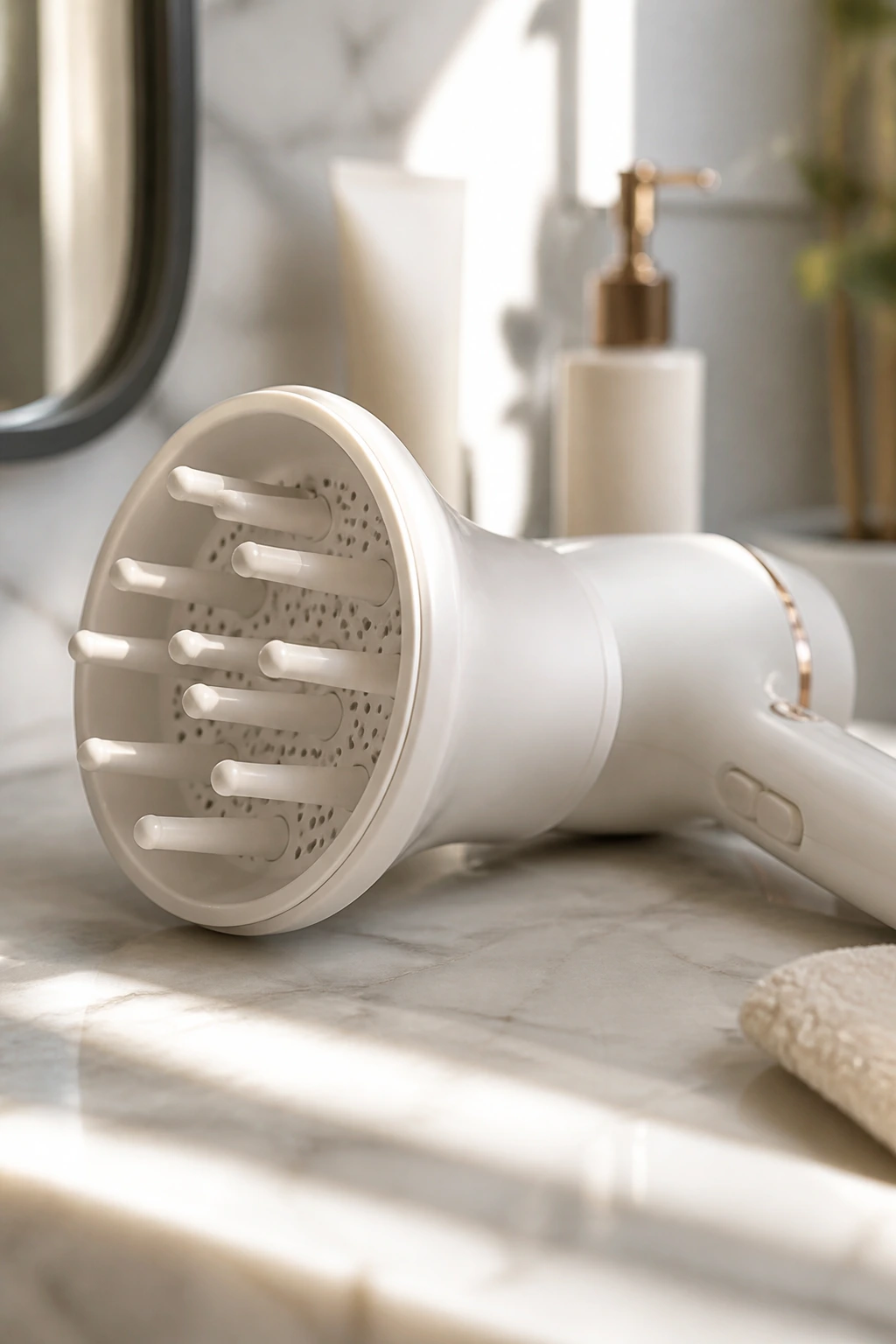 Close-up of a diffuser attachment on a hair dryer on a bathroom counter