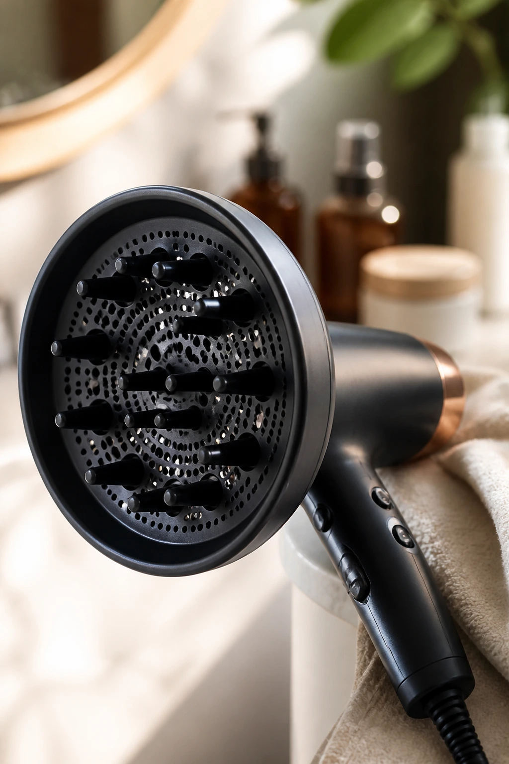 Close-up of a diffuser attachment on a hair dryer in a bathroom, showcasing curling tool