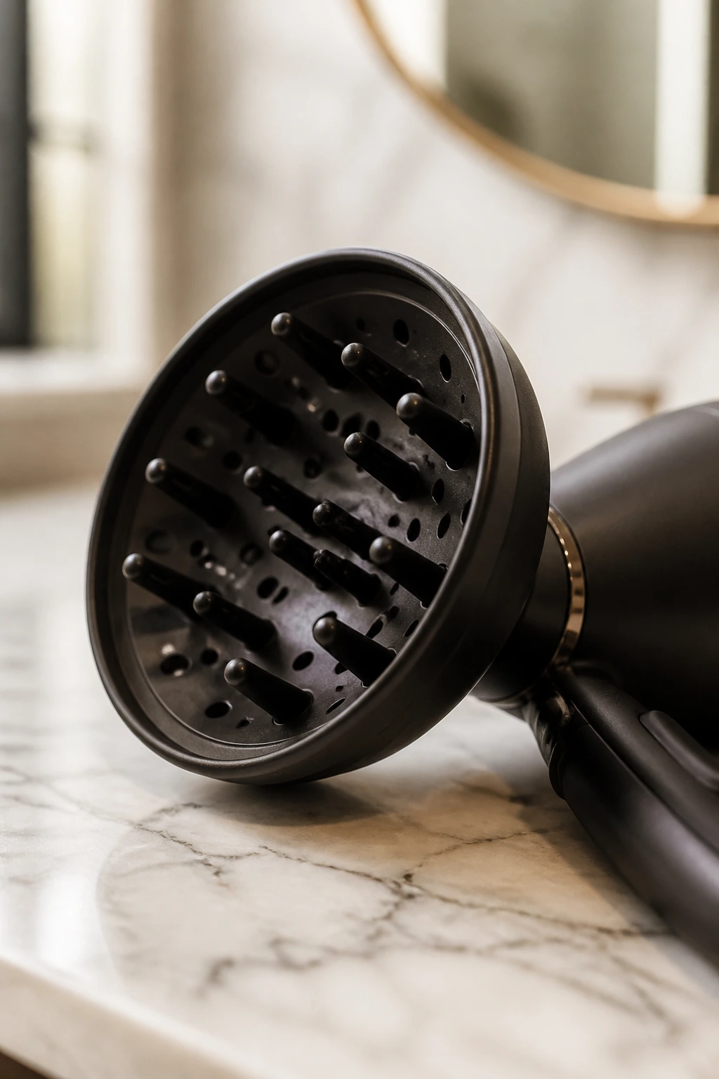 Diffuser attachment on hair dryer on bathroom vanity