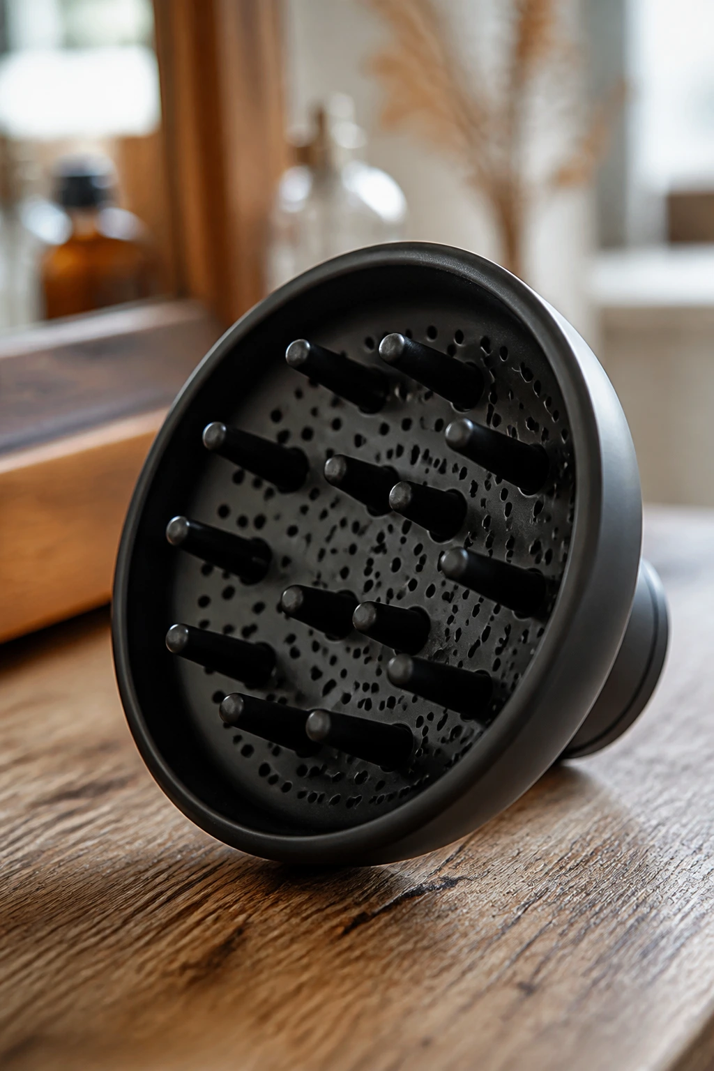 Close-up of a diffuser attachment for a hair dryer on a wooden vanity with warm light.