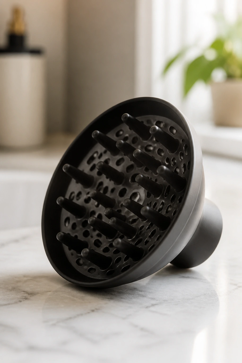 Close-up of a diffuser attachment used for drying short curly hair.