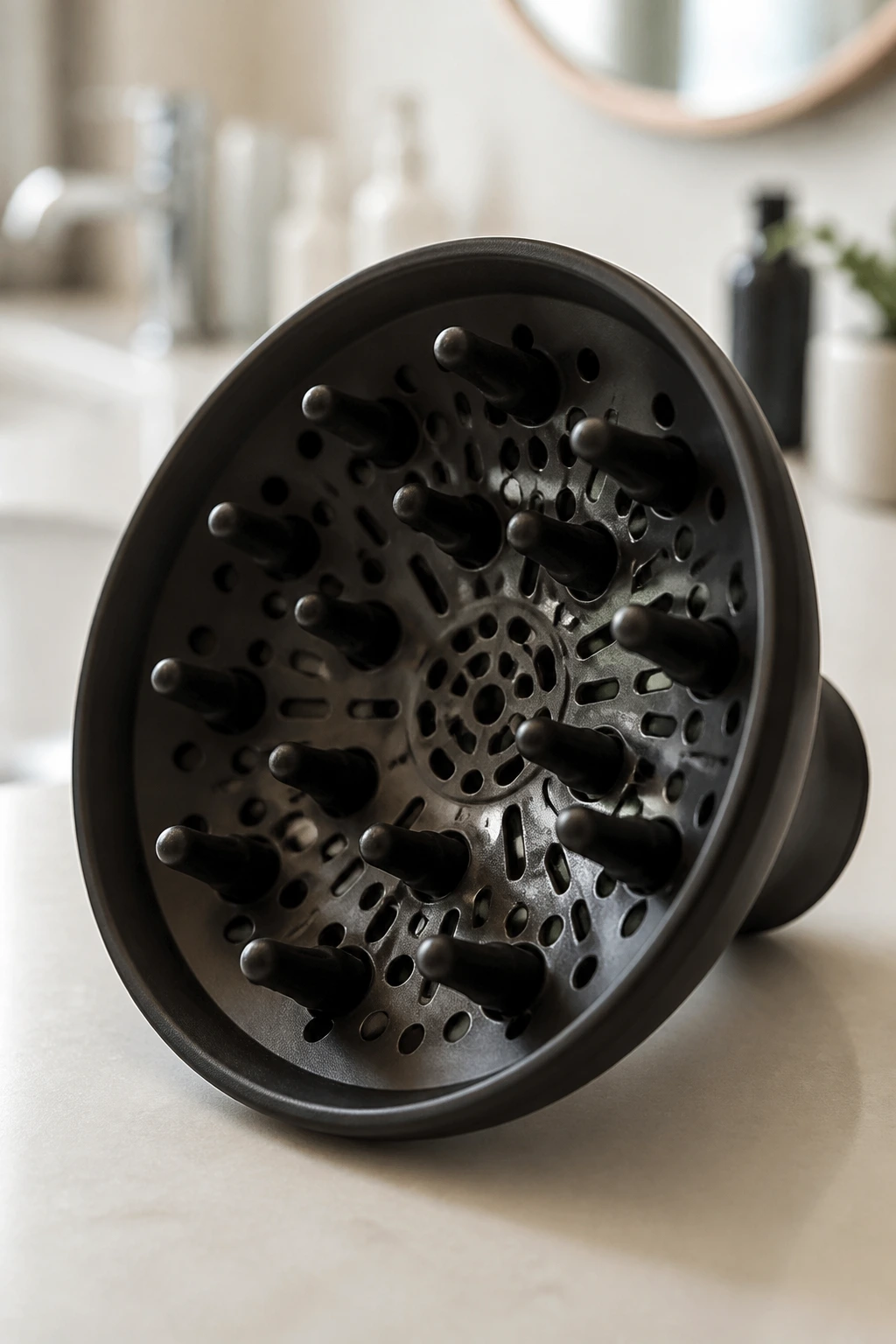 Diffuser attachment on a bathroom counter ready for styling rocker cuts.