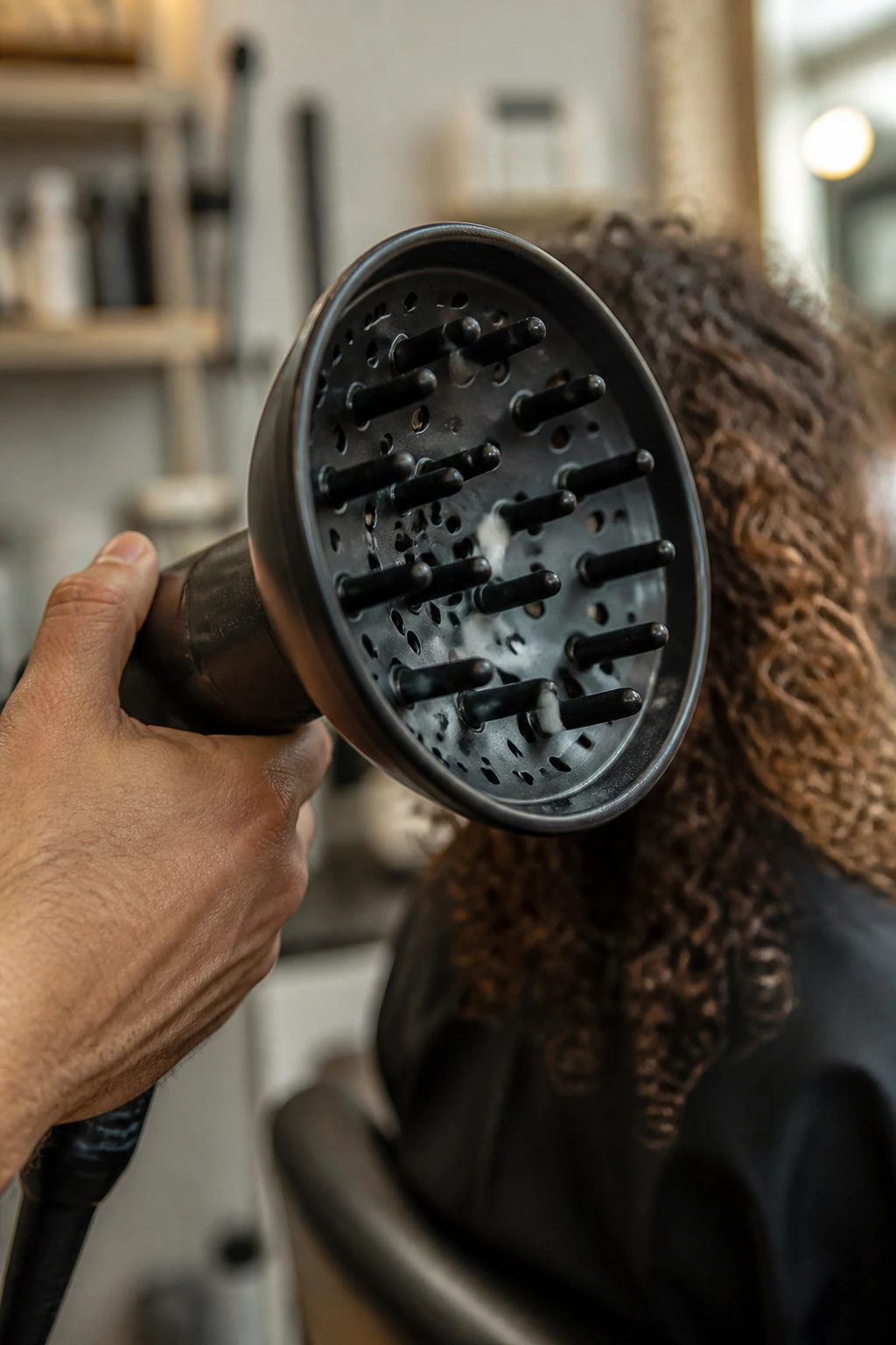Close-up of a hand holding a styling tool in a salon setting