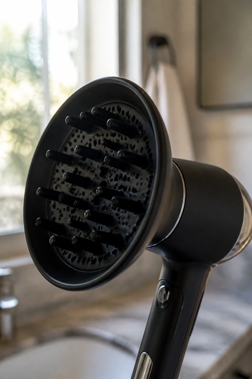 Close-up of a diffuser attachment on a hair dryer in a bathroom, tool-focused.