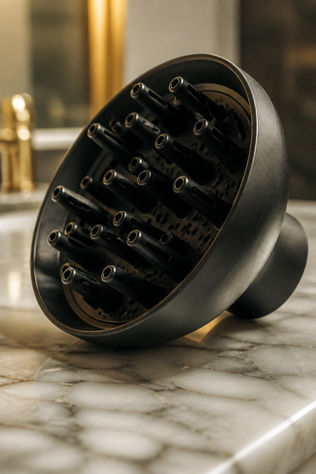 Close-up of a diffuser attachment on a bathroom counter