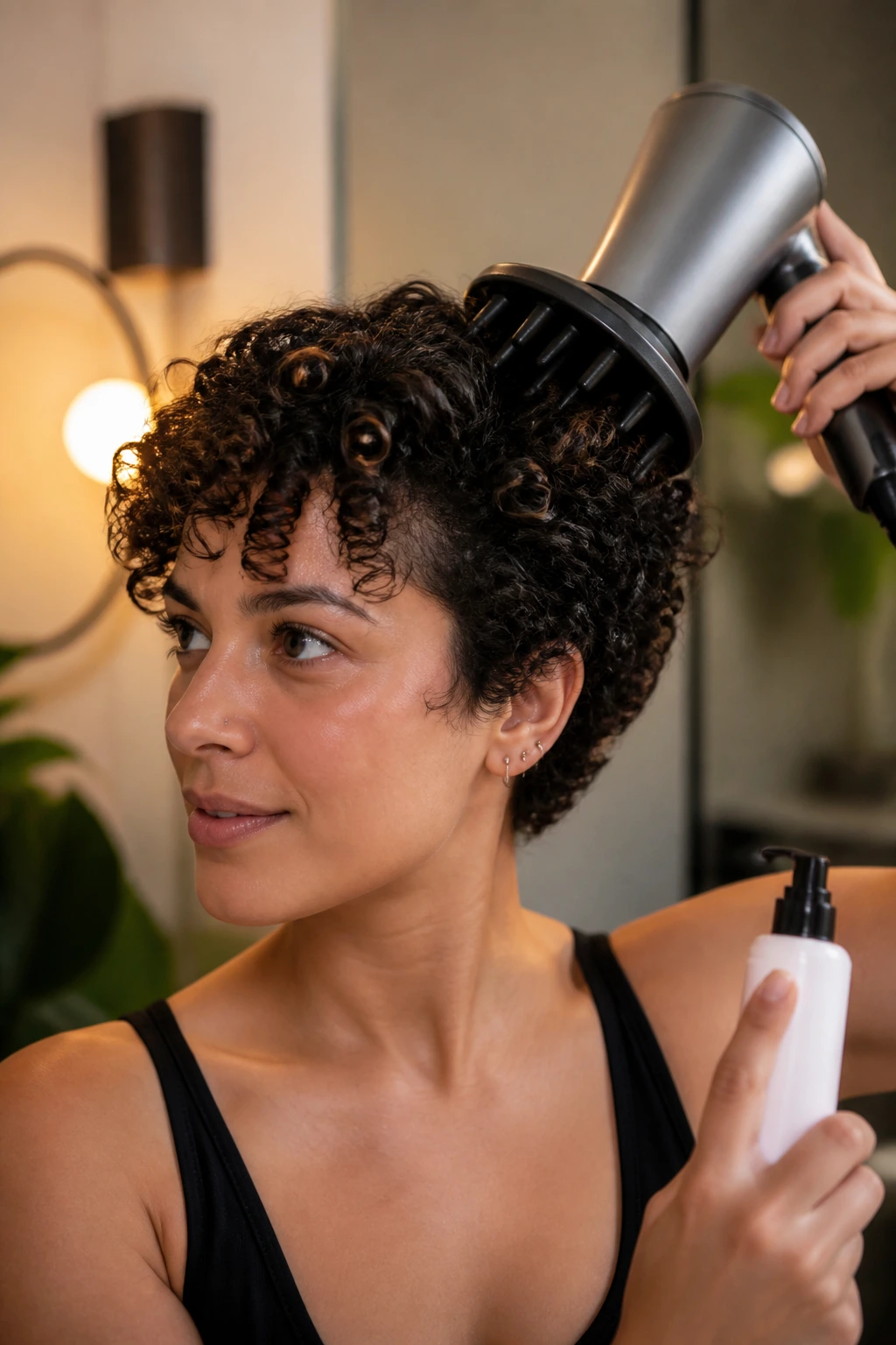 Person using styling tools to shape short curly hair