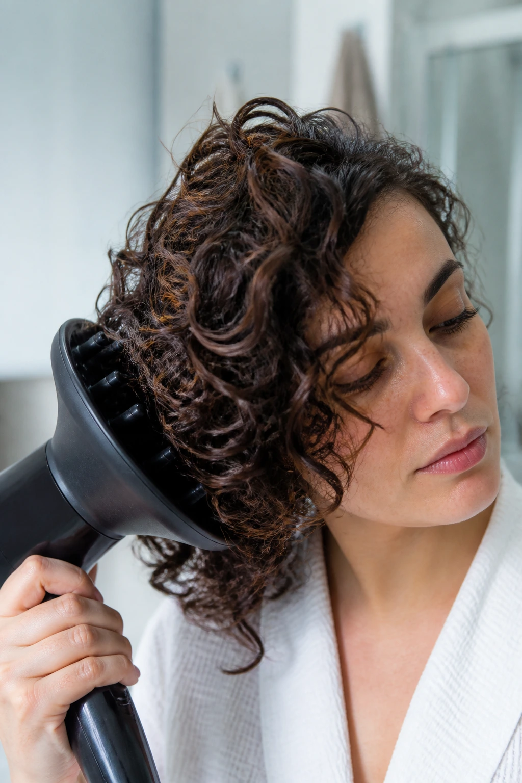 Person holding a diffuser near curly hair in bathroom