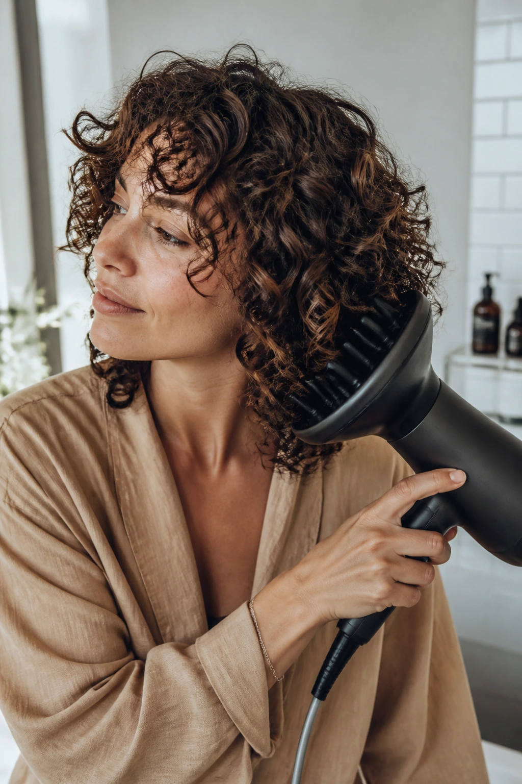 Woman using a diffuser on curly shag in a bright bathroom