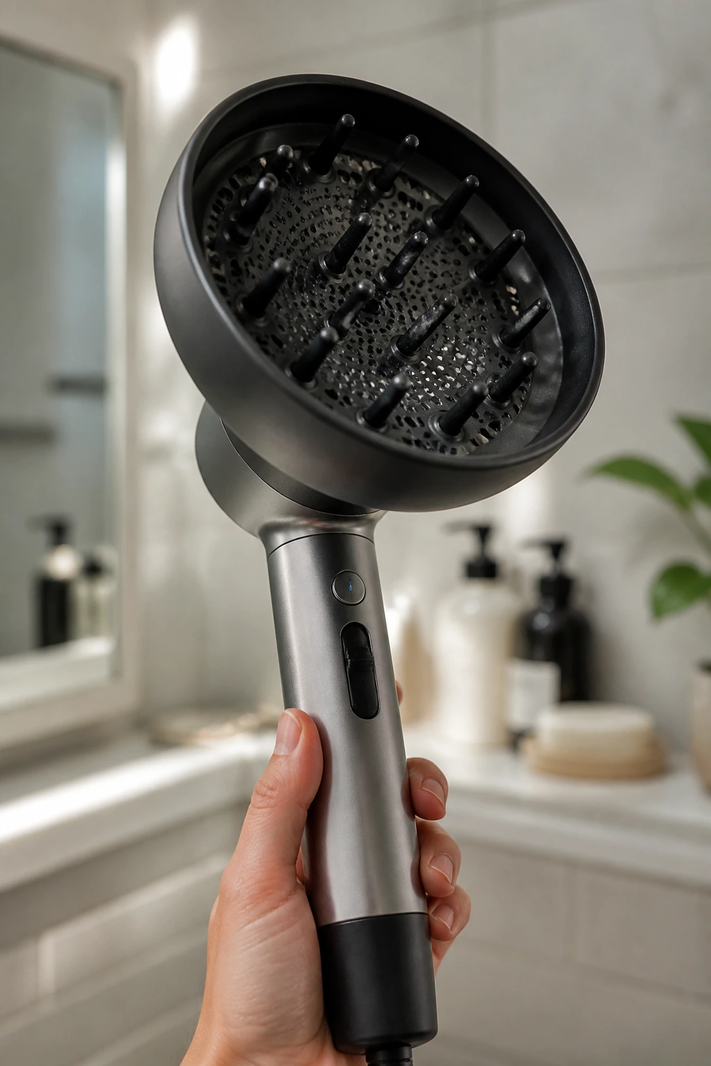 Close-up of a diffuser attachment on a hair dryer in a bathroom.