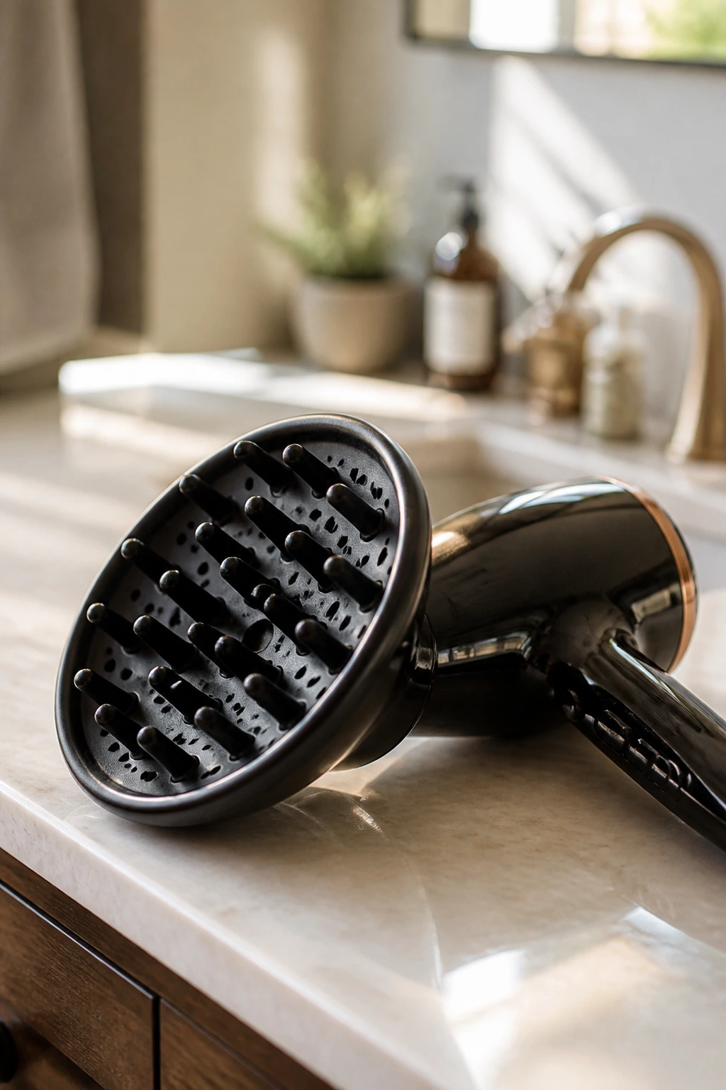 Diffuser attached to a hair dryer on a bathroom counter for at-home styling of a wavy bob