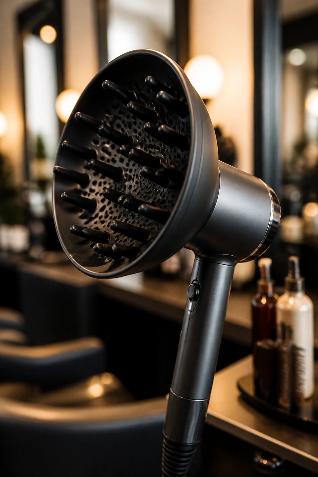 Close-up of a diffuser attachment on a hair dryer at a salon station
