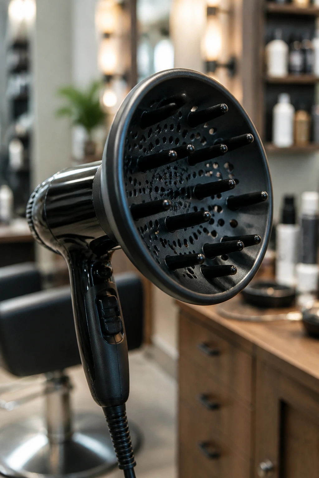 Close-up of a diffuser attachment on a hair dryer at a salon station