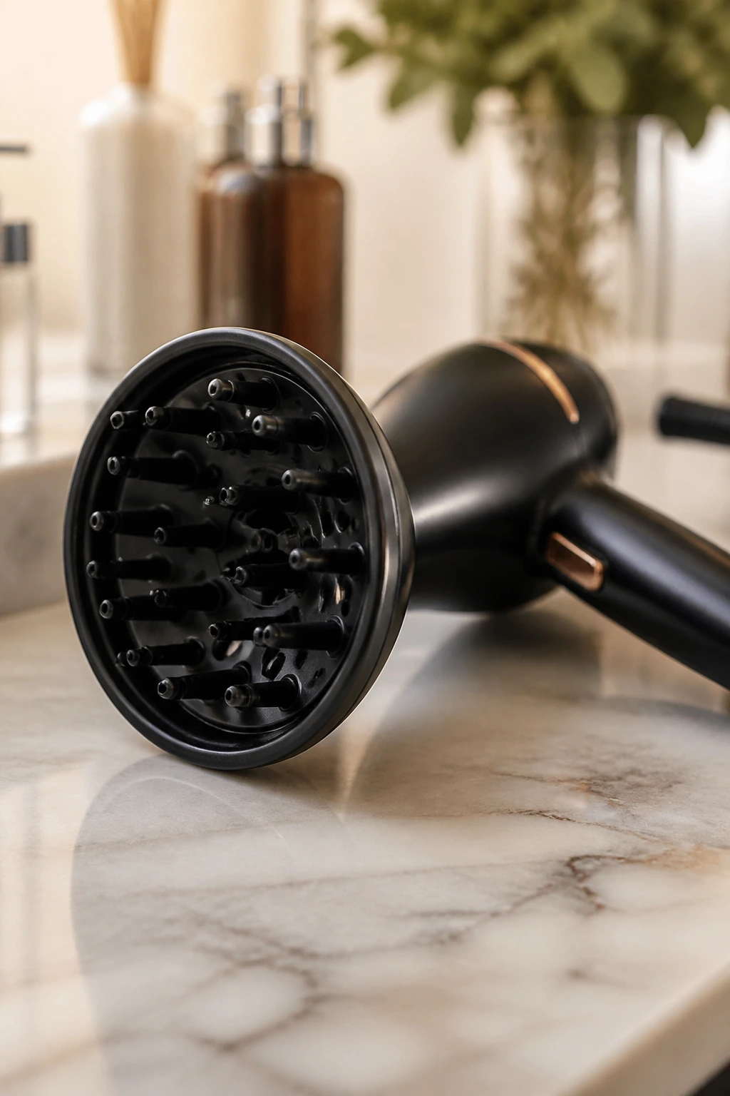 Diffuser attachment on a hair dryer on a bathroom counter
