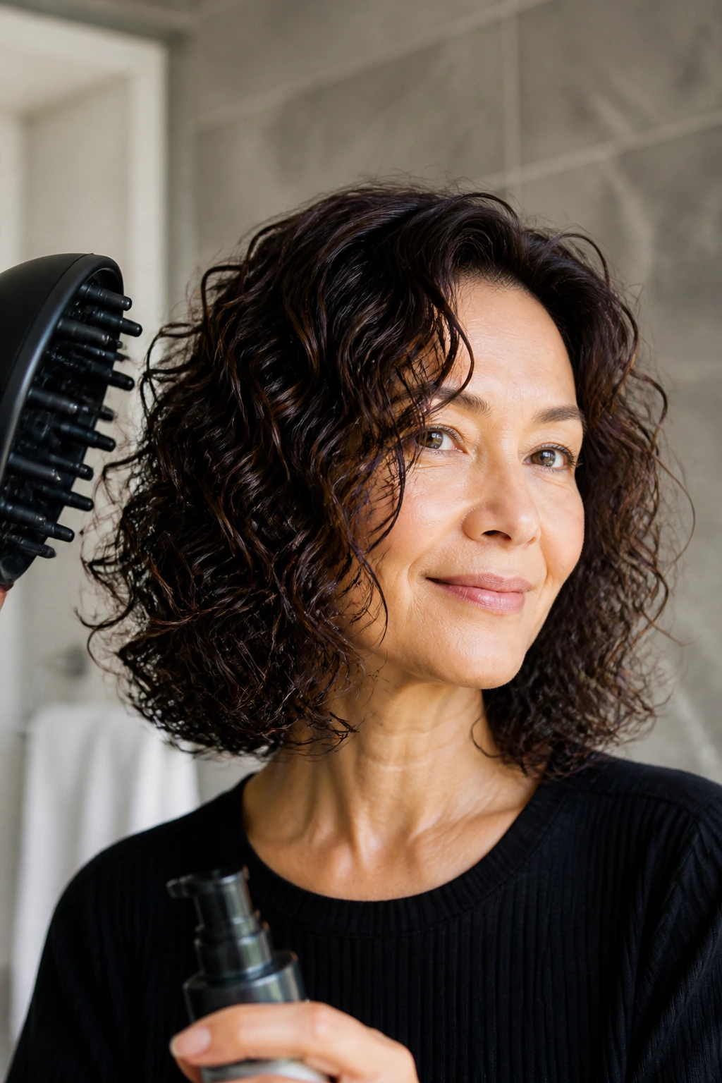 Real woman with curly lob using a diffuser and product in a bathroom setting