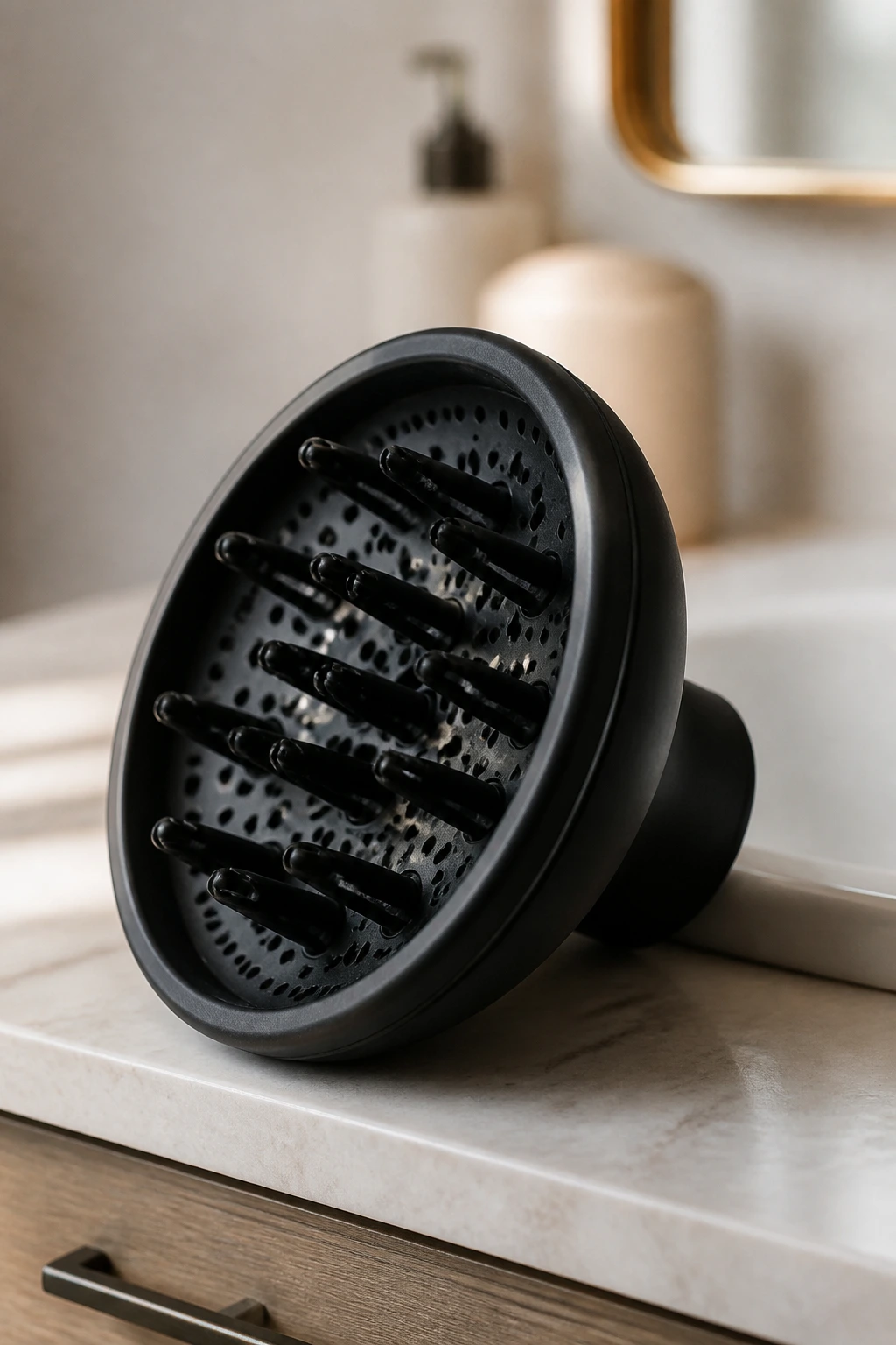 Close-up of a hair diffuser on a bathroom counter.