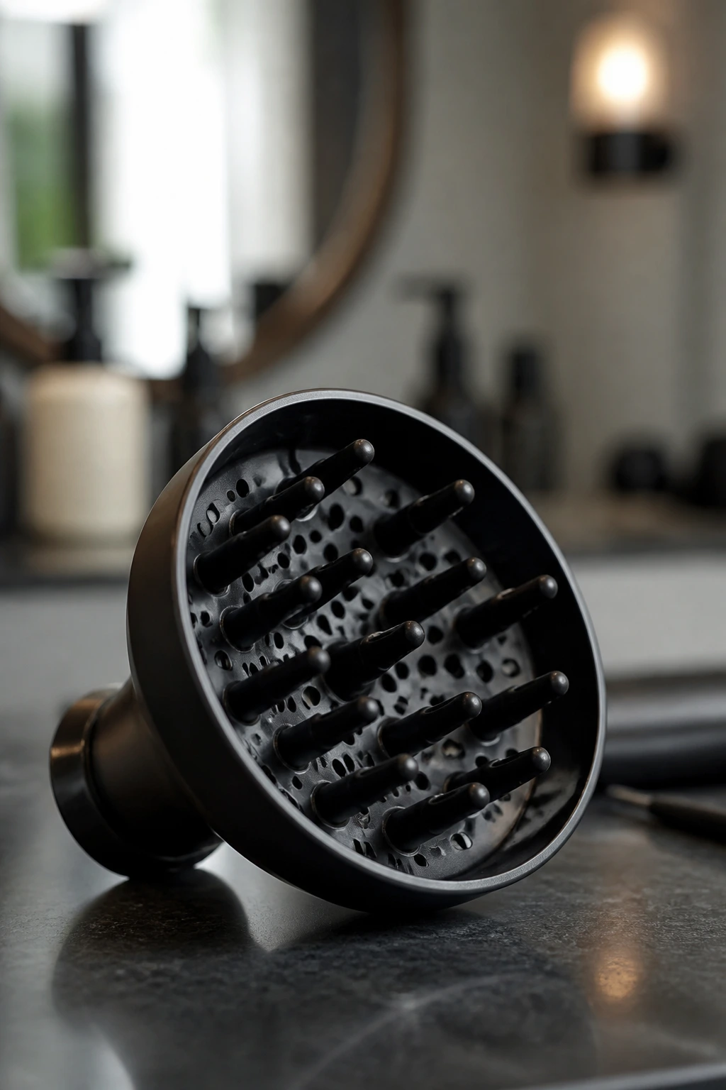 Macro close-up of a diffuser attachment used for curly hair styling.