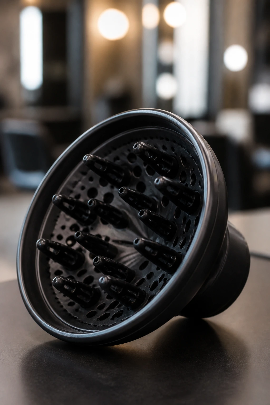 Close-up of a professional diffuser with a blurred salon backdrop