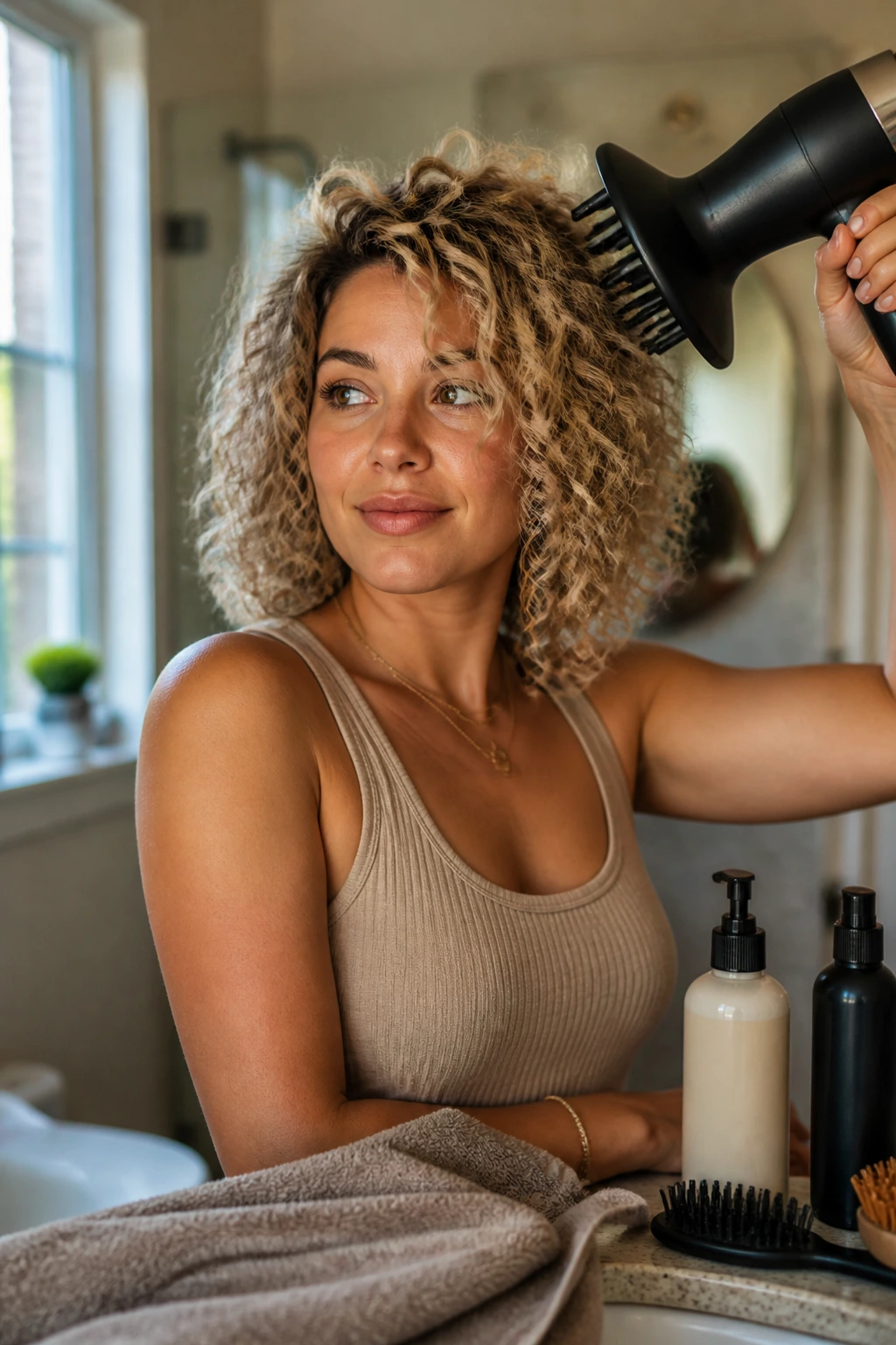 Real woman with lob holding a diffuser in a bathroom setting