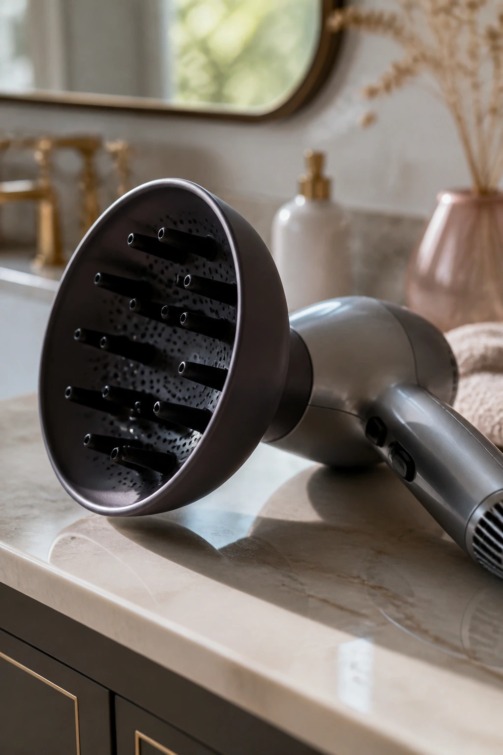 Close-up of a bowl-shaped diffuser on a hair dryer in a bathroom, emphasizing at-home hair tools