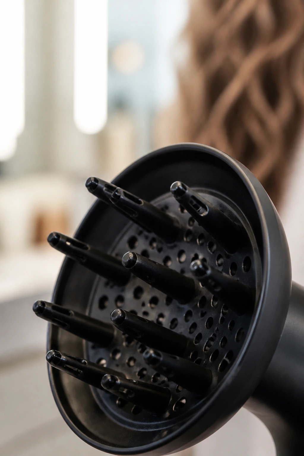 Close-up of a diffuser tool in a bright bathroom setting