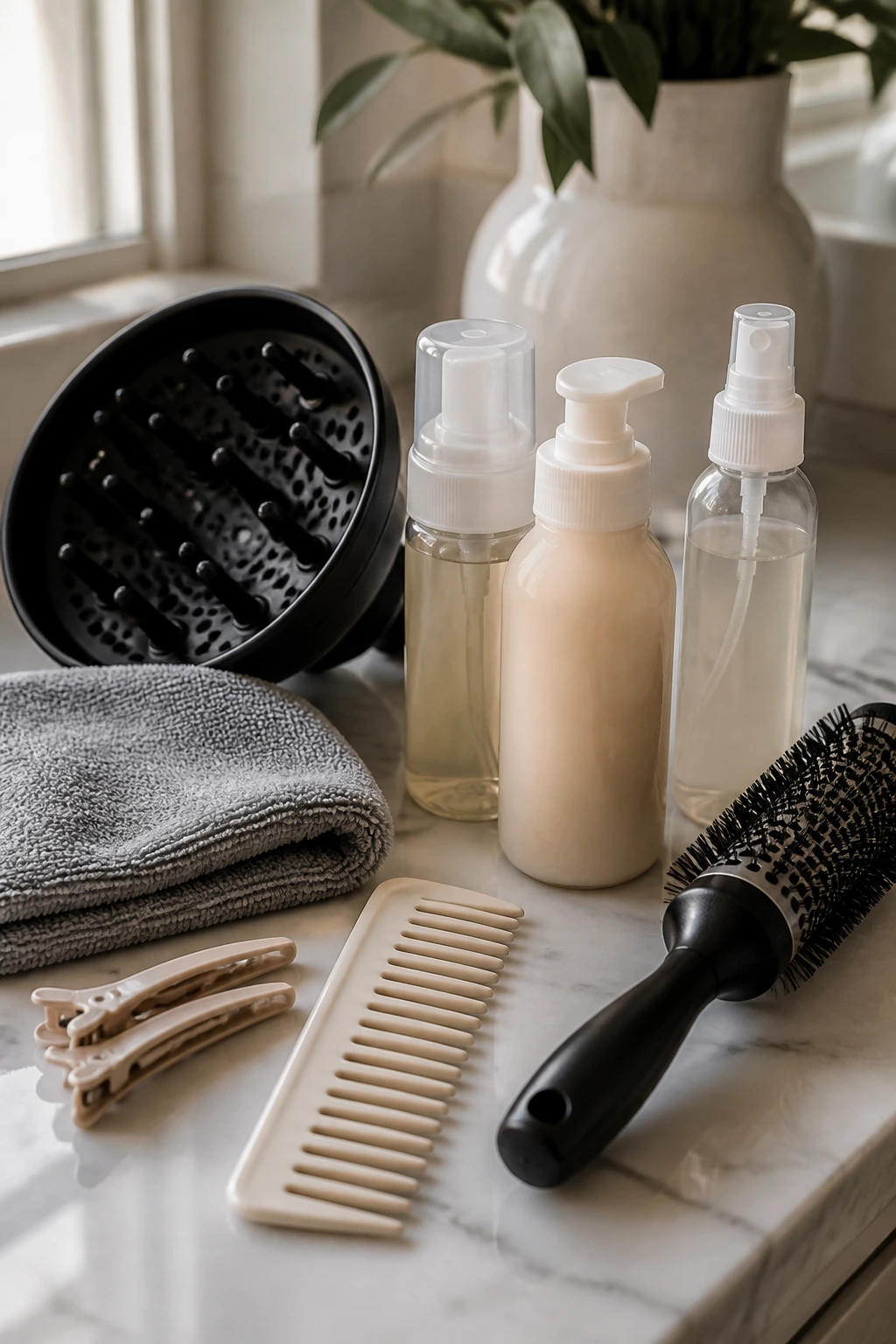 Macro shot of wavy hair tools on a bathroom counter for preventing puffing