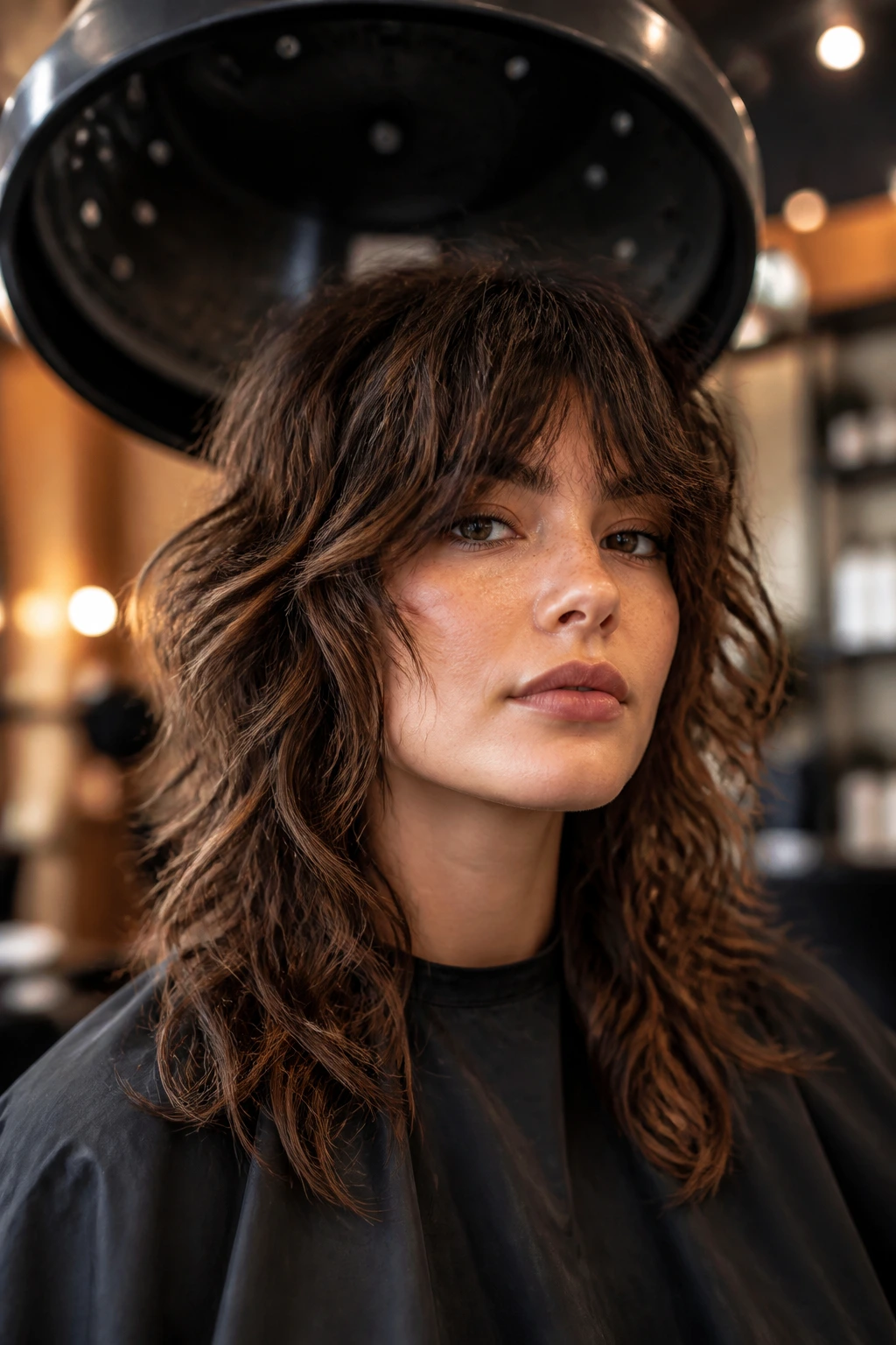 Close-up portrait of a real woman with diffuser-ready wolf cut under salon lighting