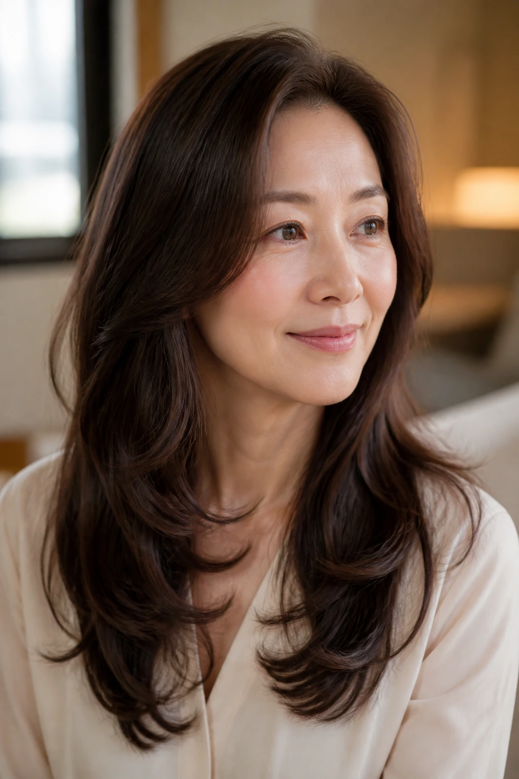 Close-up of a real woman with long layered hair ready for a digital perm
