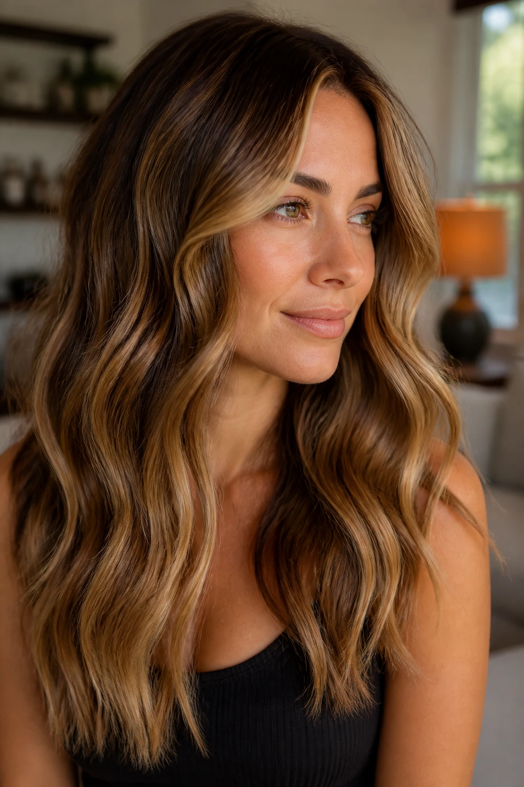 Woman with dimension hair showing ribbon highlights and face-framing pieces