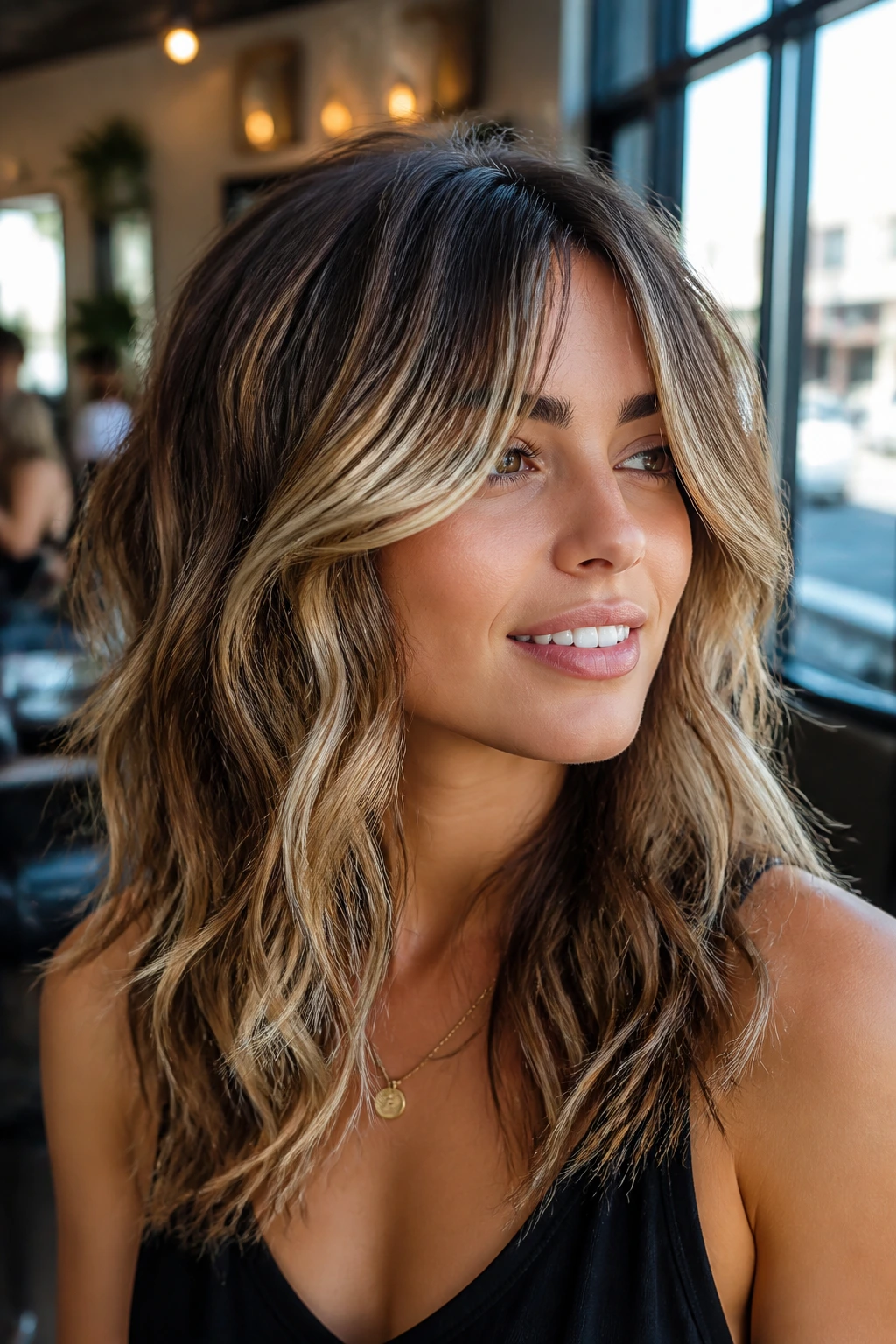 Close-up portrait of a real person with highlighted dimension shag showing face-framing lighter pieces and deeper underlayers in a salon setting