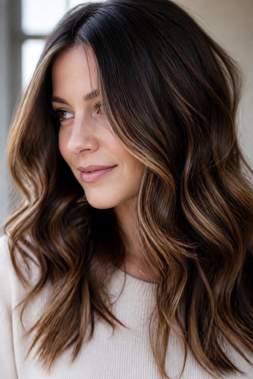 Portrait of real woman with brunette base and caramel ribbons in loose waves showing dimension