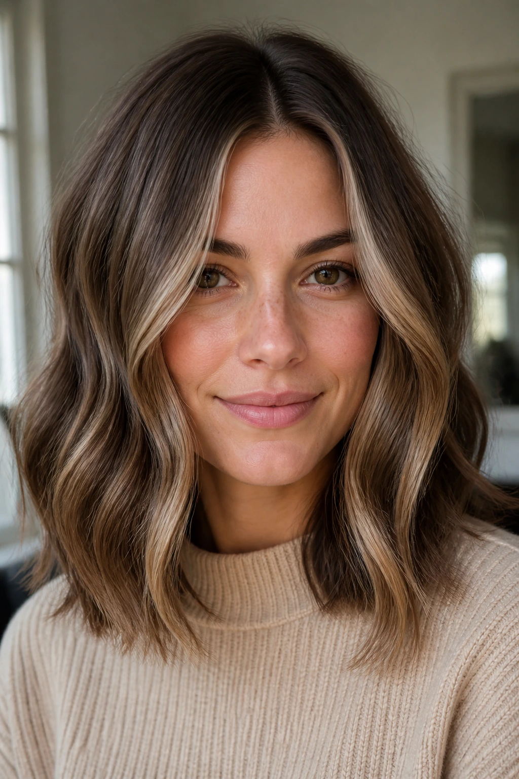 Woman with loose waves and face-framing caramel ribbons