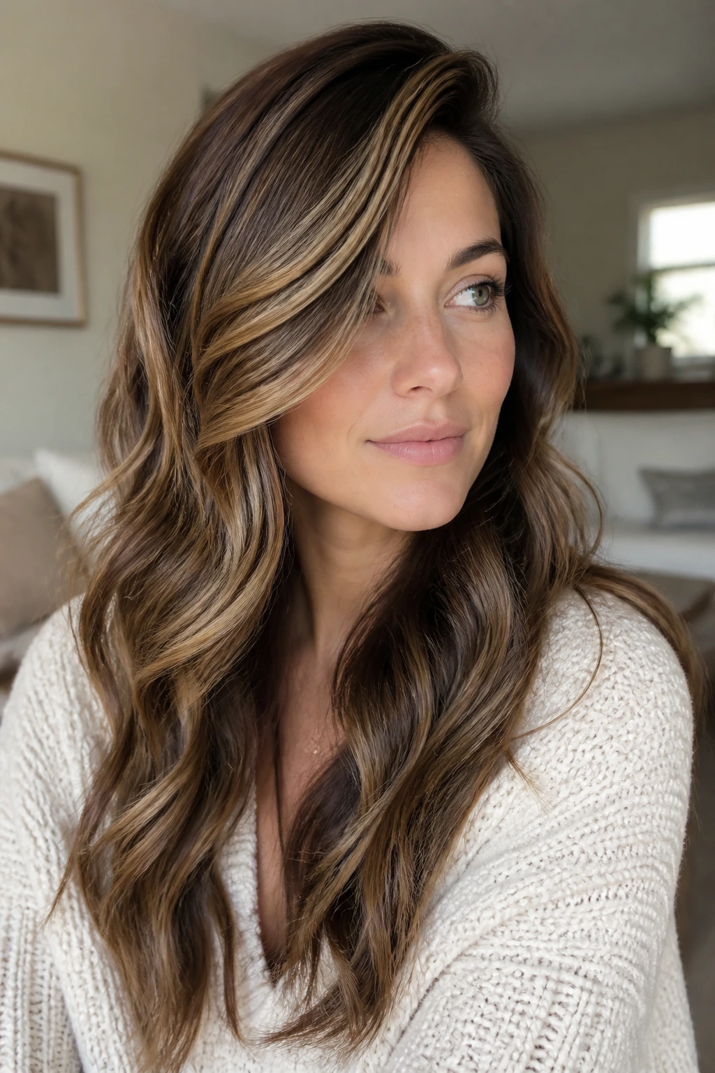 Portrait of a person with soft waves and dimensional hair in warm natural light